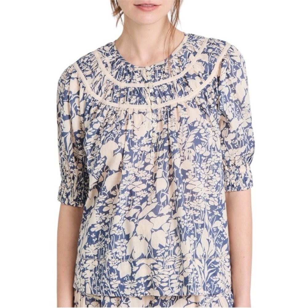THE GREAT. Blue and Cream Floral Blouse